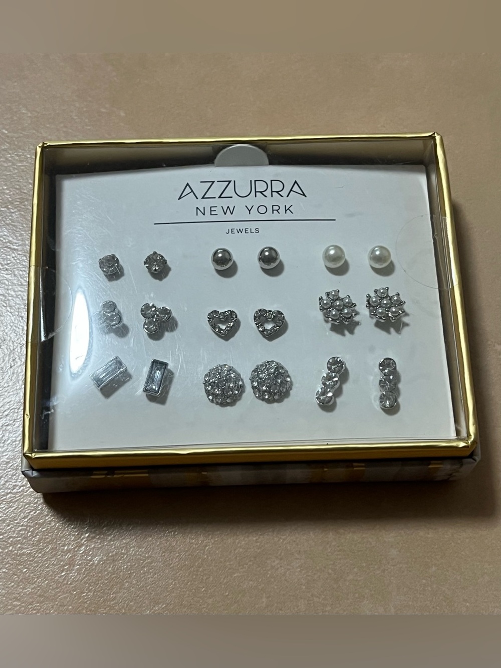Azzurra New York 9-Pair Stud Earrings Set Crystal & Faux Pearl NIB